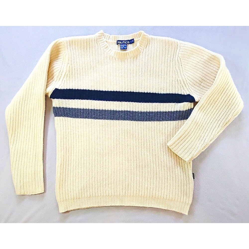 Nautica Men's Vintage Wool Rib-Knit Crewneck Pullover Sweater L Cream Stripe